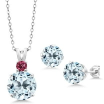 Gem Stone King 925 Sterling Silver Sky Blue Topaz and Pink Tourmaline Pendant and Earrings Jewelry Set for Women (14.45 Cttw, Round 10MM, Gemstone November Birthstone, with 18 inch Silver Chain)