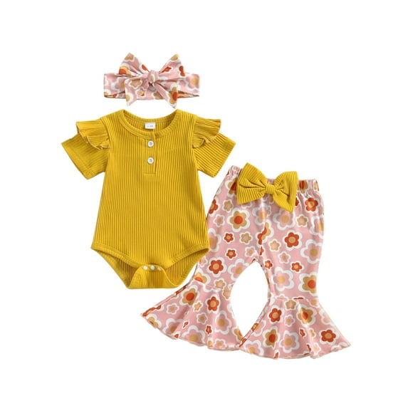 xiaxaixu Baby Girls Pants Set, Short Sleeve Crew Neck Romper with Flower Print Flare Pants and Headband