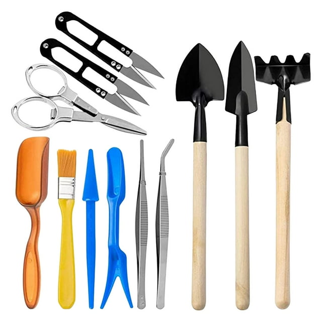 12x Herramientas suculentas Mini herramientas de jardín Accesorio para plantas domésticas Liviano Fácil de Tijeras Pala Pinzas Mini juego Sharpla Jardinería suculenta