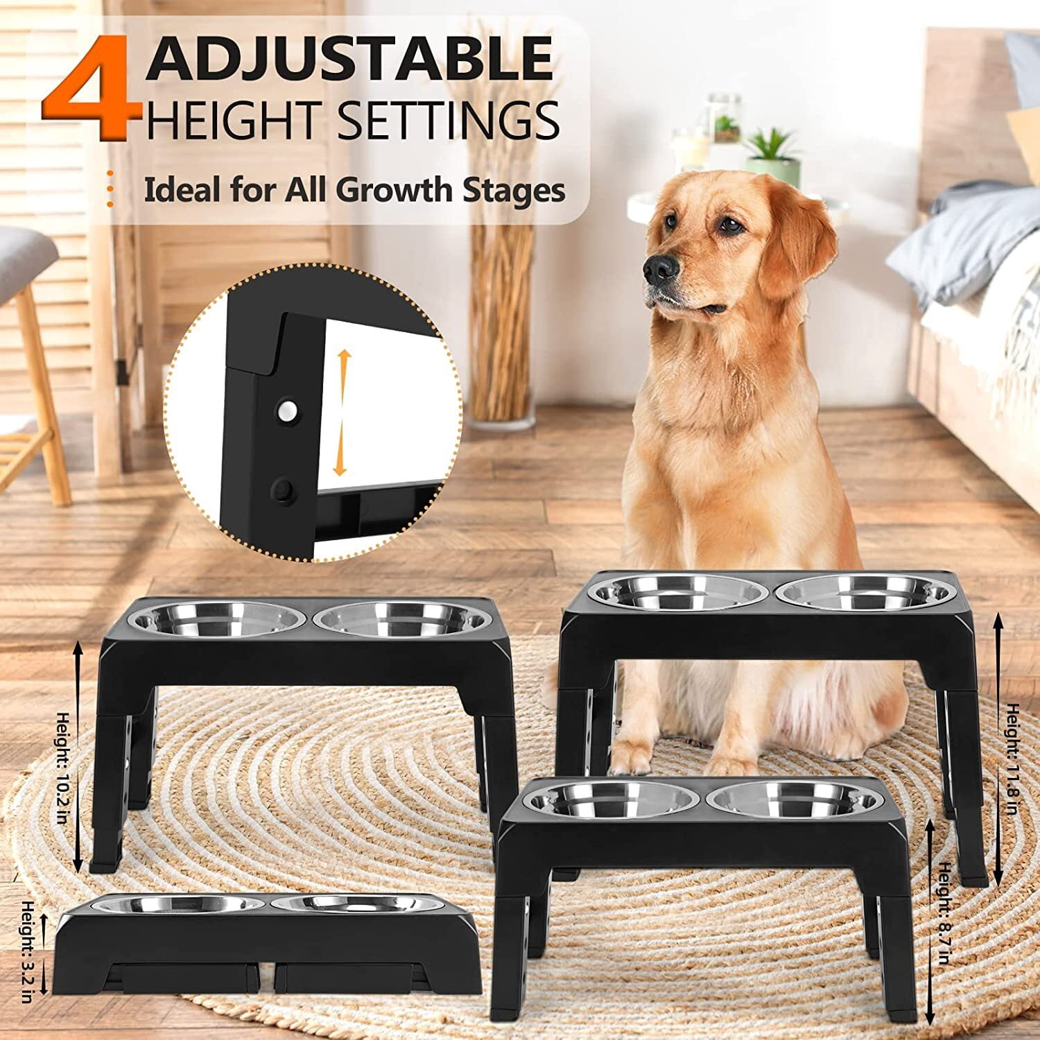 Elevated Dog Feeder Bowls Stand with 2 Stainless Steel Dishes, Raised Dog Bowl Adjusts to 4 Heights for Medium and Large Dogs or Cats（Black）