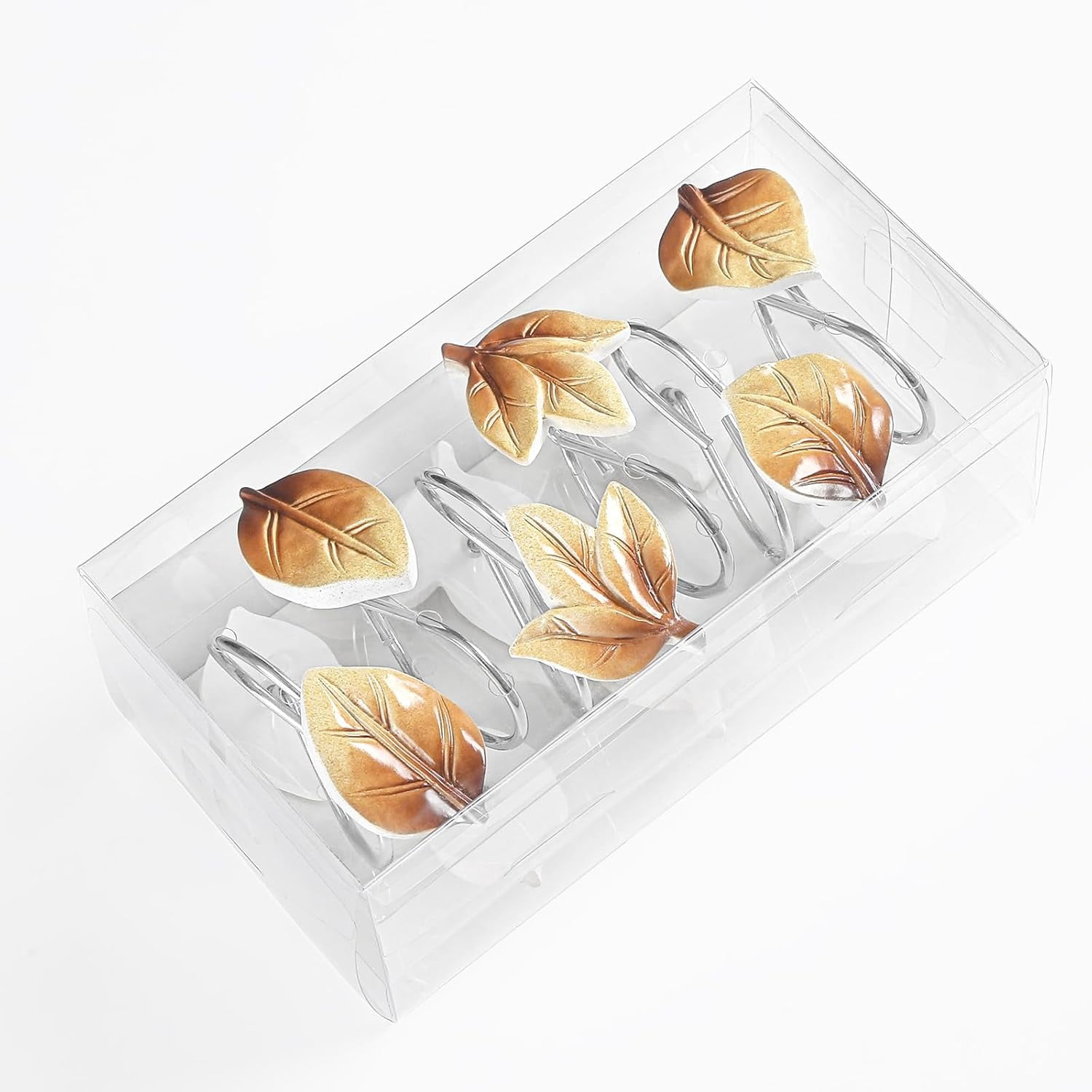 12PCS Leaves Shower Curtain Hooks, Brown Plant Leaf Decorative Shower Curtain Hooks Metal Rustproof Cute Eucalyptus Shower Curtain Rings Bathroom Decoration Accessories