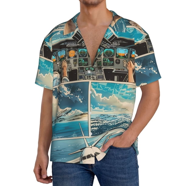 Balery Comic Airplane Cockpit Illustration Camisa Casual de Manga Corta con Botones para Hombre, Texturizada, Estilo Cubano, para Playa, Verano-XX-Large