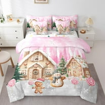 Manfei Cartoon Gingerdread House 7 Pieces Bedding Comforter Set,Happy New Year Full Bedding Set,Lovely Snowman Gingerbread Man Fitted Sheet Flat Sheet For Kids,Microfiber Bedroom Decor Reversible
