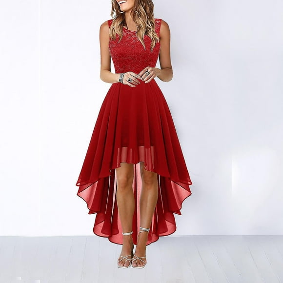 Lace Dress Bow Belt Elegant Irregular Length Dresses For Women Wedding Guest Sleeveless Bridesmaid Cocktail Party Dress
