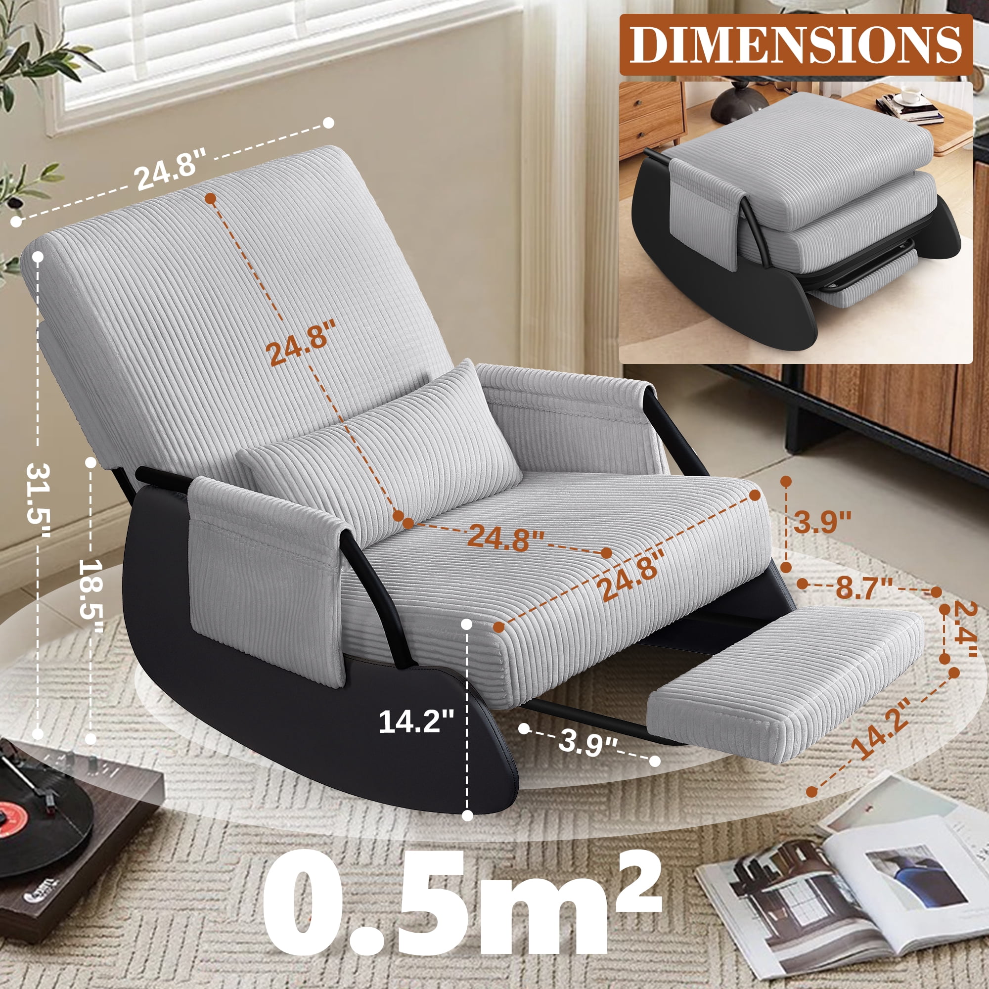 Primy Nursery Rocking Chair, Low-Seat Glider Chair, Upholstered Rocking Accent Chair Recliner with Side Pocket and Foot Rest for Mom Nursery Living Room Bedroom