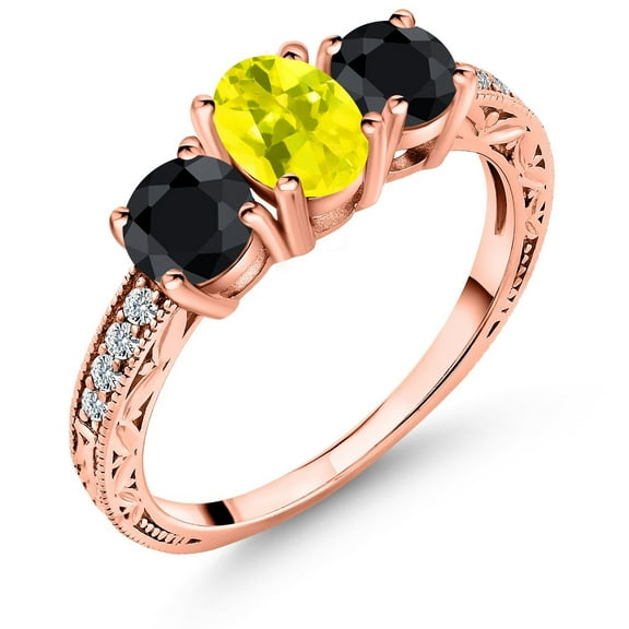 Gem Stone King 2.30 Ct Oval Canary Mystic Topaz Black Sapphire 18K Rose Gold Plated Silver Ring (Size 7)