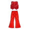 thumbnail image 3 of iEFiEL Girls Youth Two-piece Stage Performance Outfit Shiny Sequins Vest with Flare Pants Set Jazz Hip Hop Dancewear Red 12-13, 3 of 5