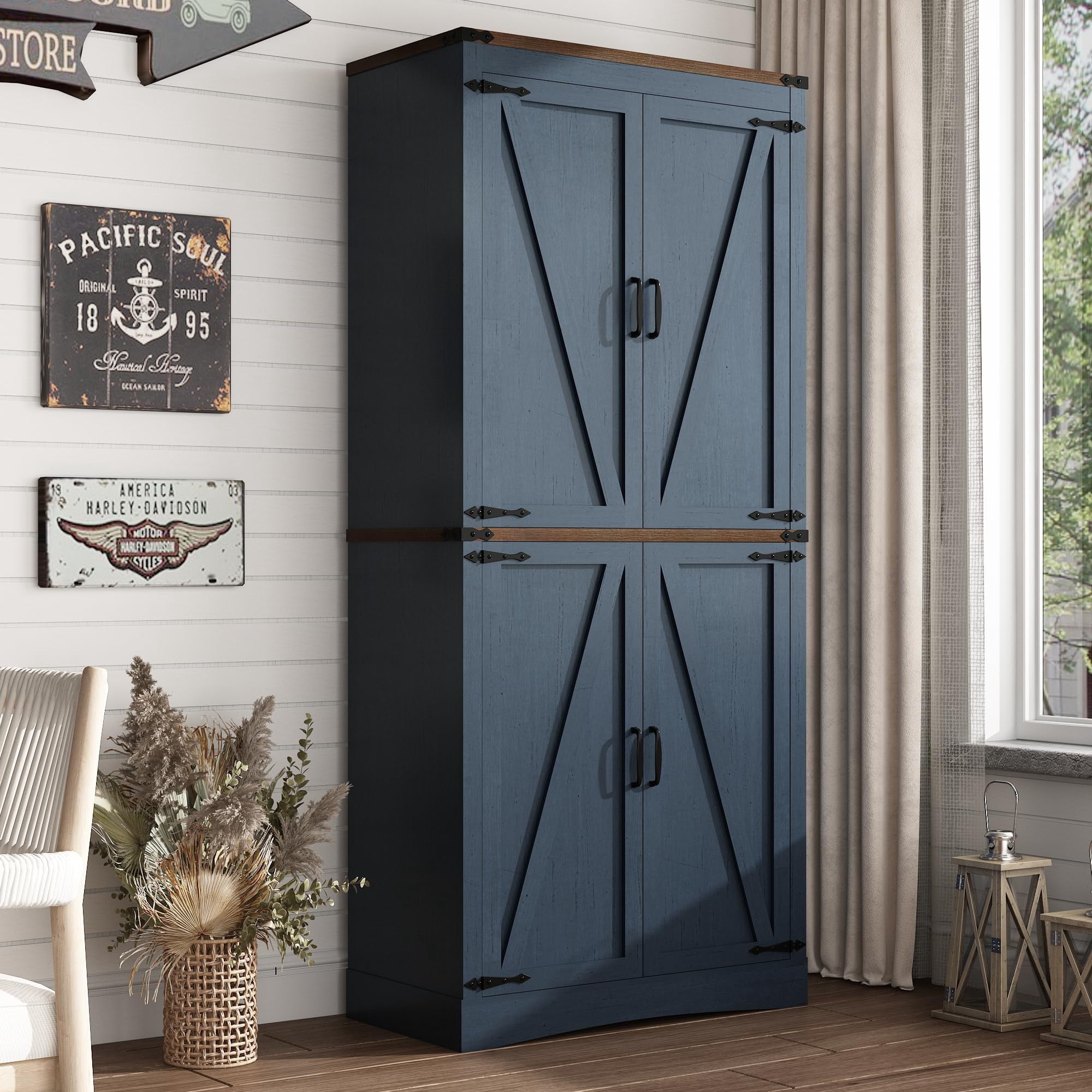 ChVans 71" Tall Farmhouse Kitchen Pantry with Adjustable Shelves, 5 Layers Pantry Storage Cabinet with Load-Bearing Steel Pipe & 4 Barn Doors for Kitchen, Dining Room, Living Room, (Blue-71")