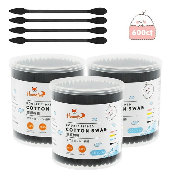 HOMEFOX 600 Count Black Cotton Swabs with Precision Pointed Tips, Pure Organic Cruelty-Free