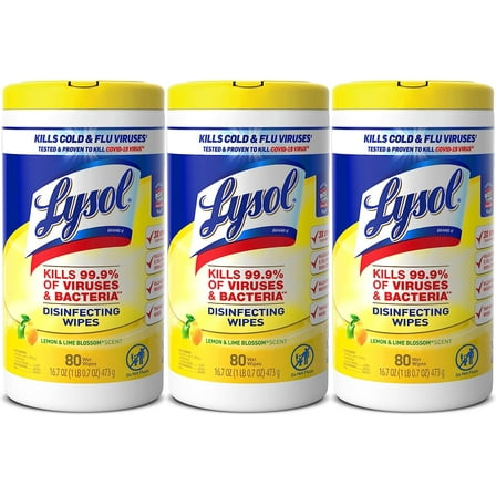 Lysol Disinfectant Wipes, Multi-Surface Antibacterial Cleaning Wipes, For Disinfecting and Cleaning, Lemon and Lime Blossom, 80 Count (Pack of 3)