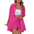 thumbnail image 2 of Arvbitana Women's Summer Casual 2 Piece Outfits Solid Color Seven-point Sleeve Button Shirt and Elastic Waist Shorts Set Loungewear for Daily S M L XL, 2 of 5