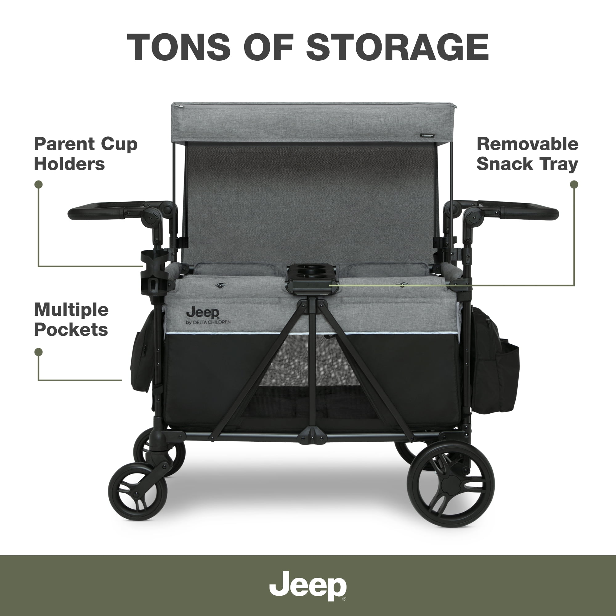Jeep Aries Stroller Wagon by Delta Children - Premium Wagon for 2 Kids with Convertible Seats, Adjustable Push/Pull Handles, Removable Canopy & Flat Fold - Greenguard Gold Certified, Grey