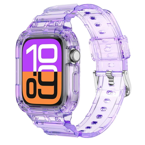 Clear Watch Band with Bumper Case Compatible for iWatch Series 10 46mm Women Men Girls, Silicone Jelly Transparent Soprts Strap with Clear Frame Cover for Apple Watch Series 10 46mm, Purple