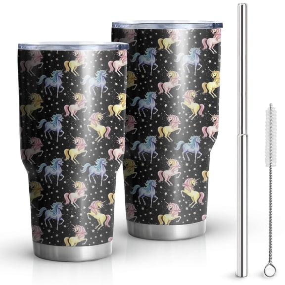 30oz Black Cartoon Colorful Unicorn Pattern Tumblers Stainless Steel Tumbler with Lid and Straw,Vacuum Insulated Double Wall Travel Tumbler Cups Mug with Cleaning Brush for Coffee,Tea