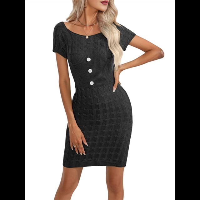 Vestido Informal de Verano de Punto para Mujer, Corta, Cuello Redondo, Corte Entallado, Estilo Camiseta, Vestidos Ajustados Negro XL