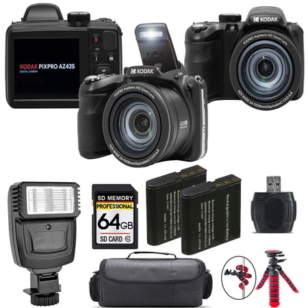Kodak PIXPRO AZ425 Digital Camera (Black) + Extra Battery + Flash - 64GB Kit