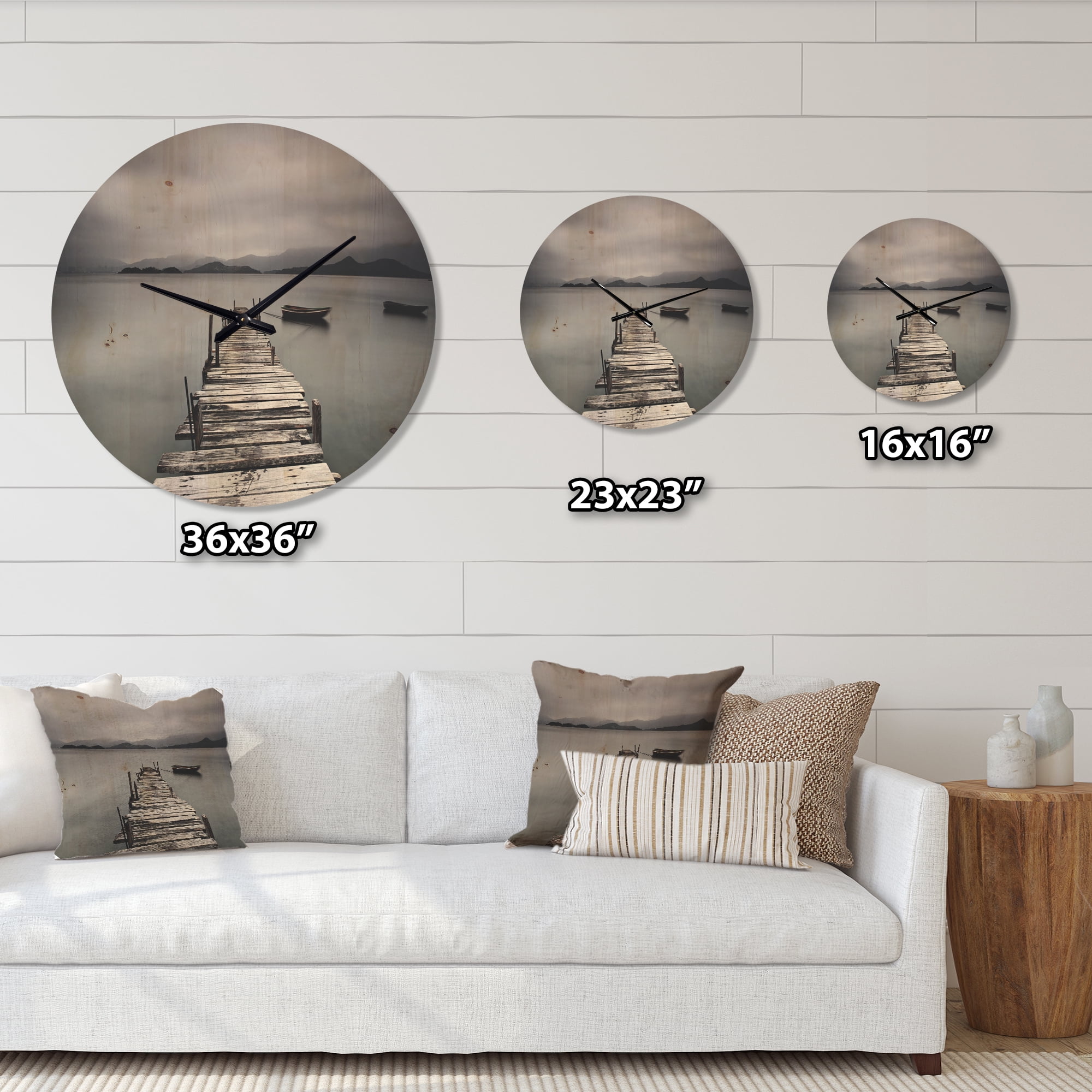Designart 'Boats and Pier at Seashore' Modern Wood Wall Clock