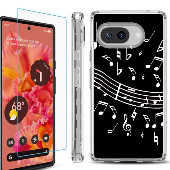 For Google Pixel 9a Phone Case Cover, Shockproof Bumper Case with Tempered Glass Screen Protector, by OneToughShield - Music Notes / Black
