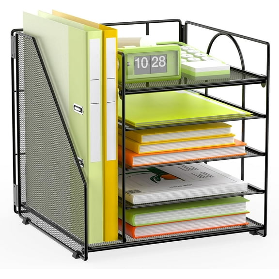 5 Tier Desk Organizer with Vertical File Holder, Desktop File Organizer for Office Home School, Black