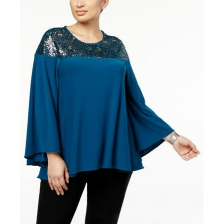 Sequin Yoke - Alfani Plus Size Sequined-Yoke Blouse Ocean Teal 1X