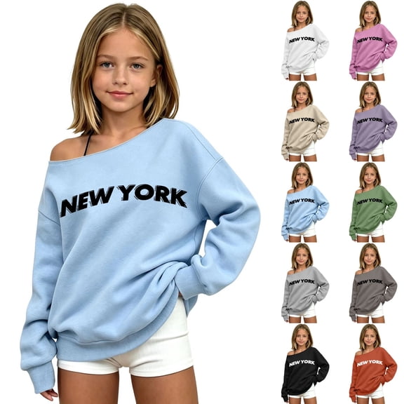 Shadoumai Kids Girls Oversized Sweatshirt Off the Shoulder Tops New York Letter Print Preppy Plain Fall Pullover Long Sleeve Casual Tops for School