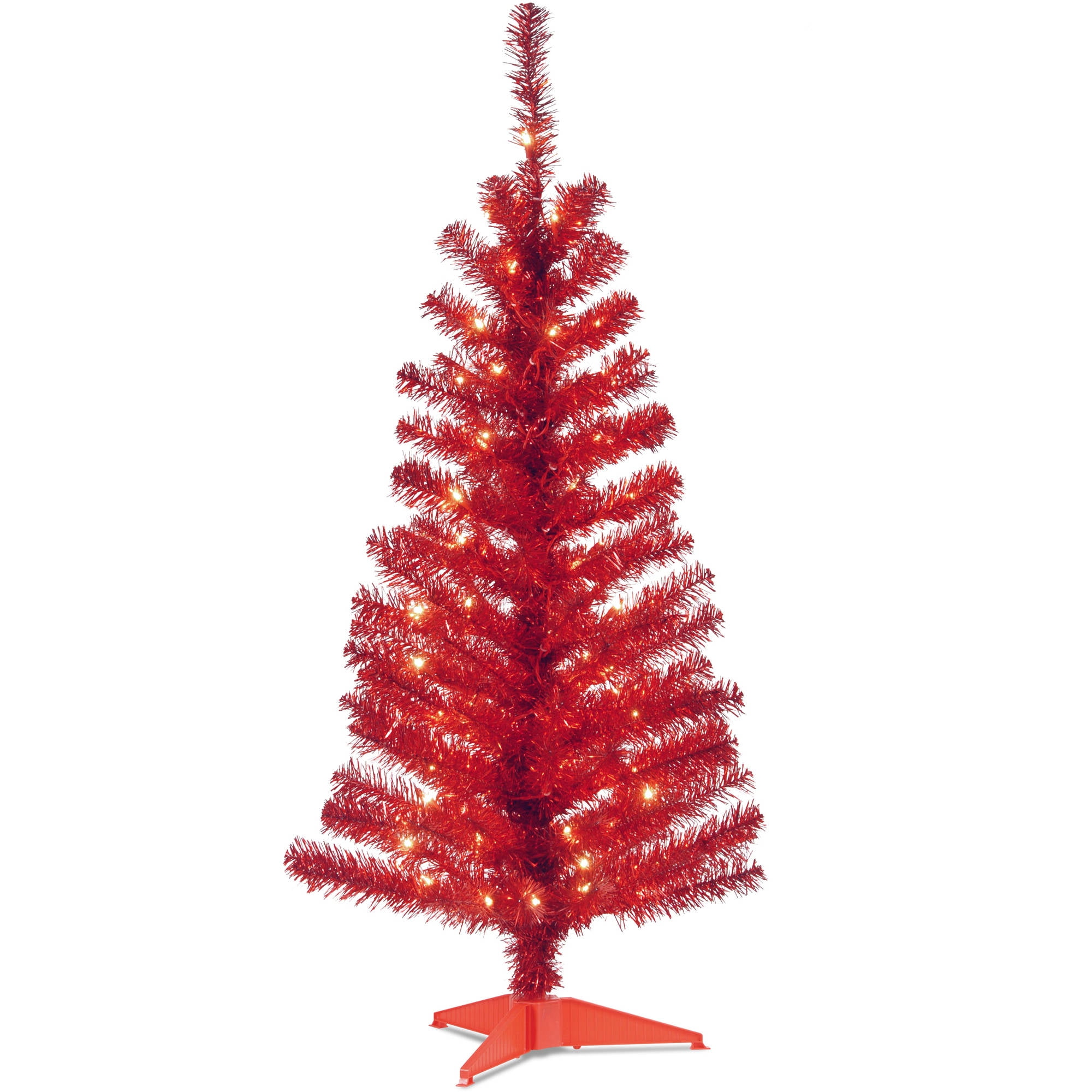 4' Red Tinsel Tree with Clear Lights