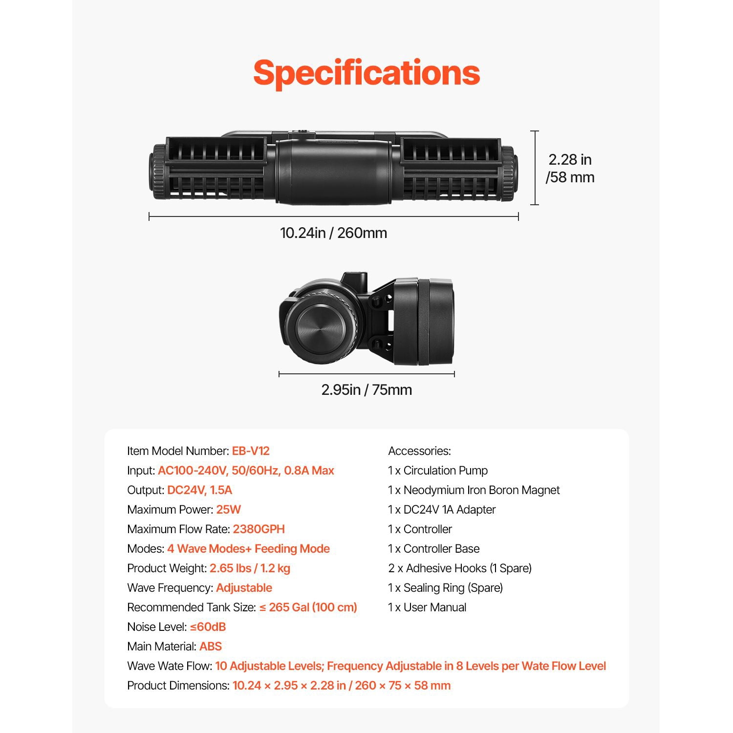 25W aquarium wave maker, 2380GPH adjustable cross-flow pump with controller, 24V magnet DC power head, 360 ° rotation, suitable for seawater and fresh water