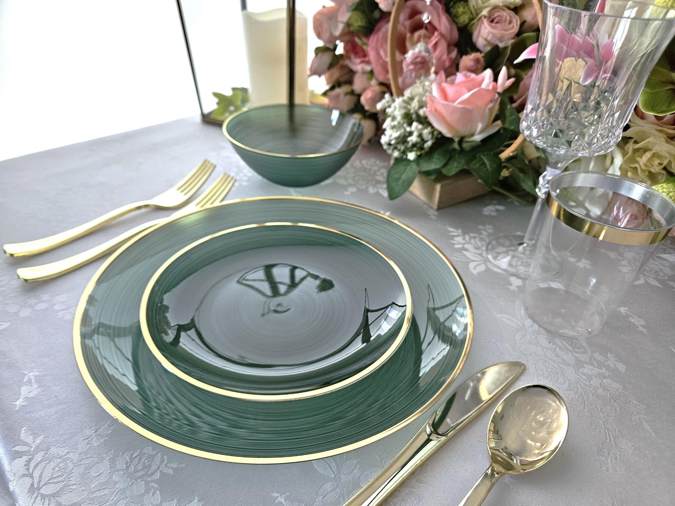 " OCCASIONS " 50 Plates Pack (25 Guests)-Wedding Party Disposable Plastic Plate Set -25 x 10'' Dinner + 25 x 7'' Salad & Dessert plates (Belize in Green & Gold)