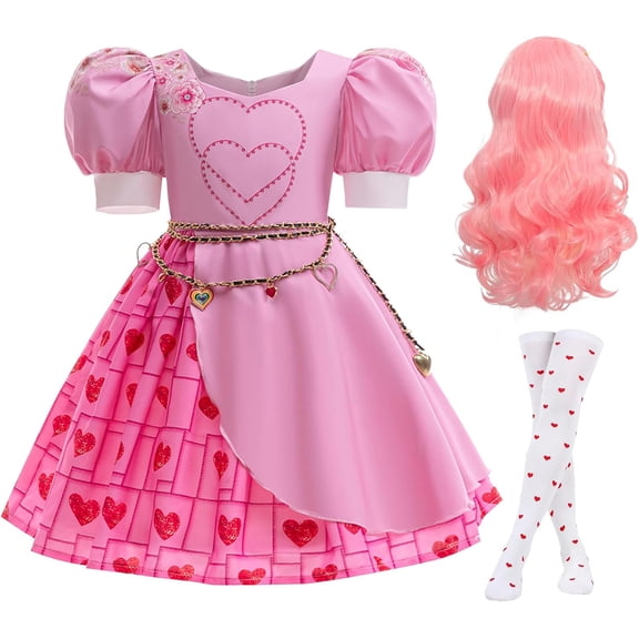Guvpev G'irls Red Princess Costume with Wig & Socks, Halloween Cosplay Pink Princess Dress Outfit, Heart Pattern Bubble Sleeve Fancy Dress for Halloween Cosplay Dress up & Birthday Party, Ages 3-12