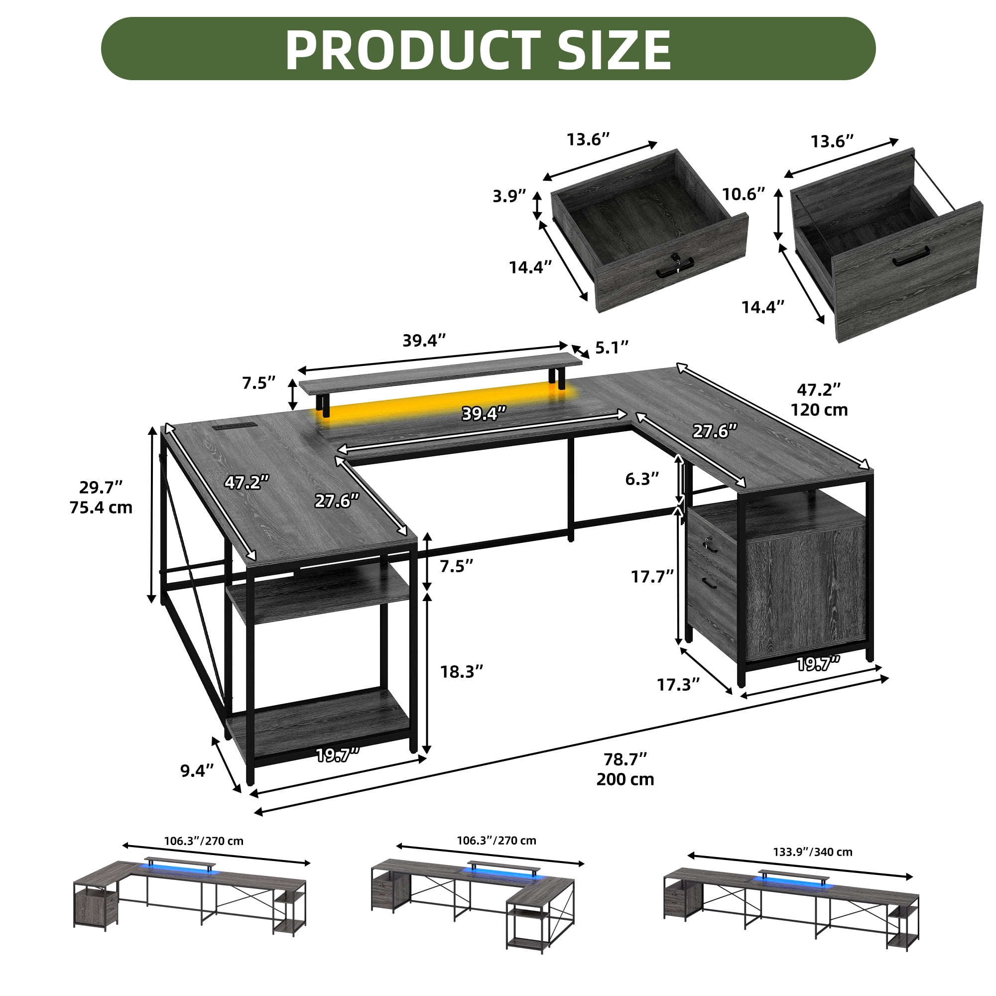 Uforic U Shaped Computer Desk with Power Outlets and LED Lights, Reversible L Shape Desk for Home Office, Gray