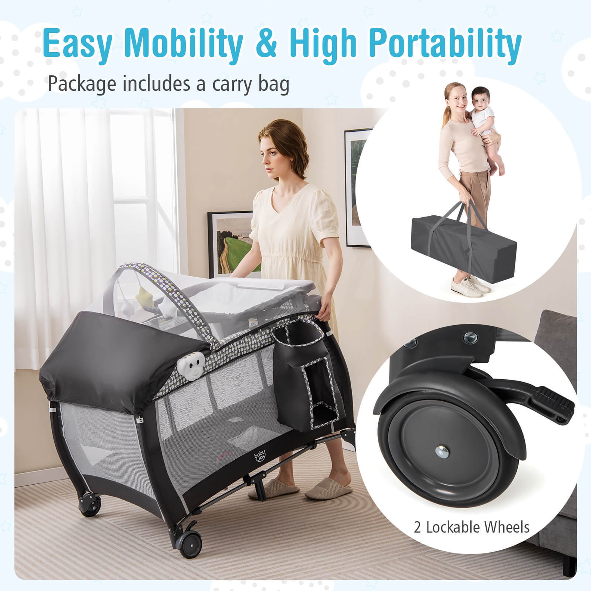 Gymax 4-in-1 Portable Baby Playard Nursery Center Bassinet w/ Music Box Canopy & Net