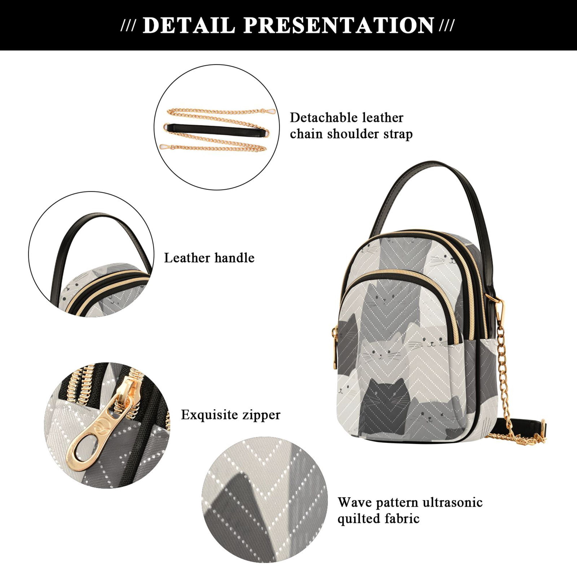 FORMRS Crossbody Bag for Women Quilted Travel Shoulder Cell Phone Purse with Chain Strap Handbag, Gray Cute Cats