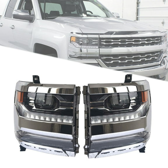 Pair LED Headlight Headlamp For Silverado 1500 2016-2018 Frame Chrome Right Left