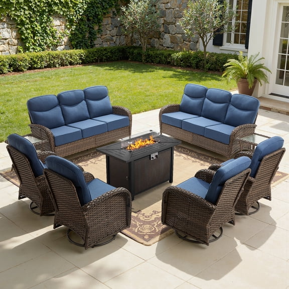 Bellefurn 9-Piece Patio Furniture Set with 43-Inch Fire Pit Table,High Back Swivel Rocker Chairs,6-Inch Thick Cushions,Wicker Outdoor Conversation Set,Sofa and Side Table for Porch, Deck, Backyard