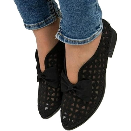 

Women s Pointed Toe Bowknot Sandals Hollow Out Breathable Low Chunky Heel Elegant Flat Shoes Casual Slip On Closed Toe Sweet Loafers for Work Nurse Driving