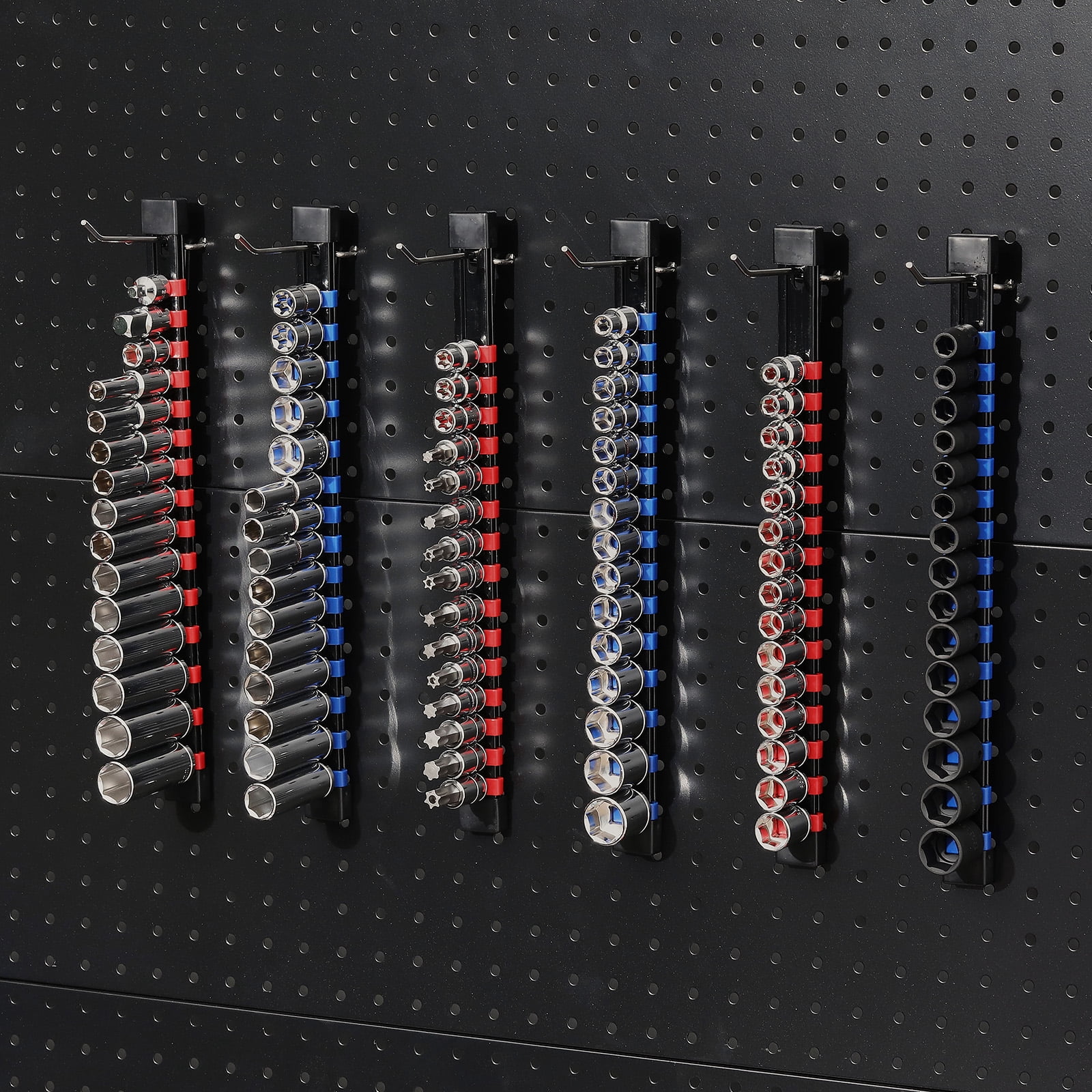 CASOMAN 12-Piece ABS Socket Organizer Set, Socket Holder Rail with 174 Clips, 1/4" 3/8" 1/2" Drive, Blue Red Black for Tool Box & Drawer Storage