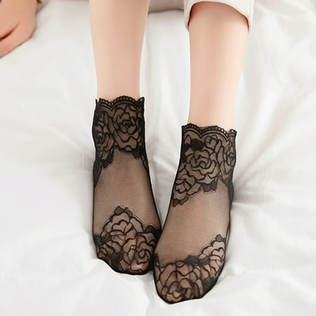 

Poseidon Women Rose Lace Socks Thin Transparent Elastic Mesh Stockings Breathable Anklet