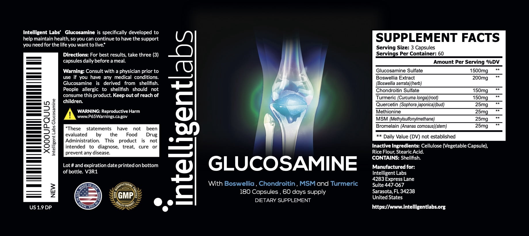 Intelligent Labs Glucosamine Chondroitin MSM Complex with Turmeric & Boswellia | Joint Support | 180 Capsules (60-Day Supply)