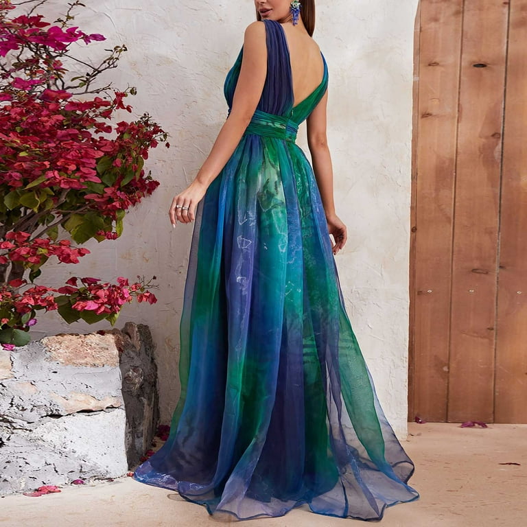 Cavosen Long Dresses for Women V Neck Blue Mesh Elegant Sleeveless Party  Dress Backless Floor Length Maxi Dress Flowy Homecoming Bodycon Wrap  Wedding ...