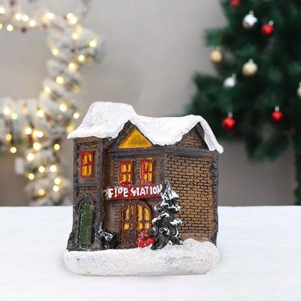 Casa navideña/estatuilla de casa de resina/mini adorno navideño decoración navideña para el hogar para adornos de escritorio para interiores Estilo D Hugo Casa en miniatura luminosa
