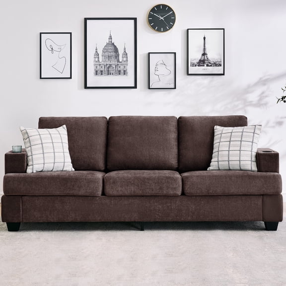 Sofa, Living Room Sofa, 89 Inch 3-Seater Chenille Couch with Deep 21" Seat, Cup Holders, Side Pockets, Washable Cushions, Modern Brown Couch for Apartment, Lounge, Small Space Home!