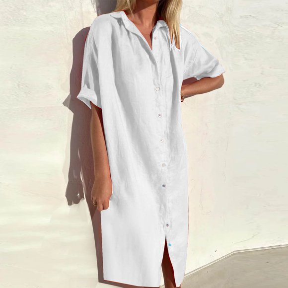 Meichang Cotton Linen Shirt Dresses Women Solid Loose Fit Short Sleeve Button Down Midi Dresses Casual Long Work Dresses Lightweight Summer Dresses White S