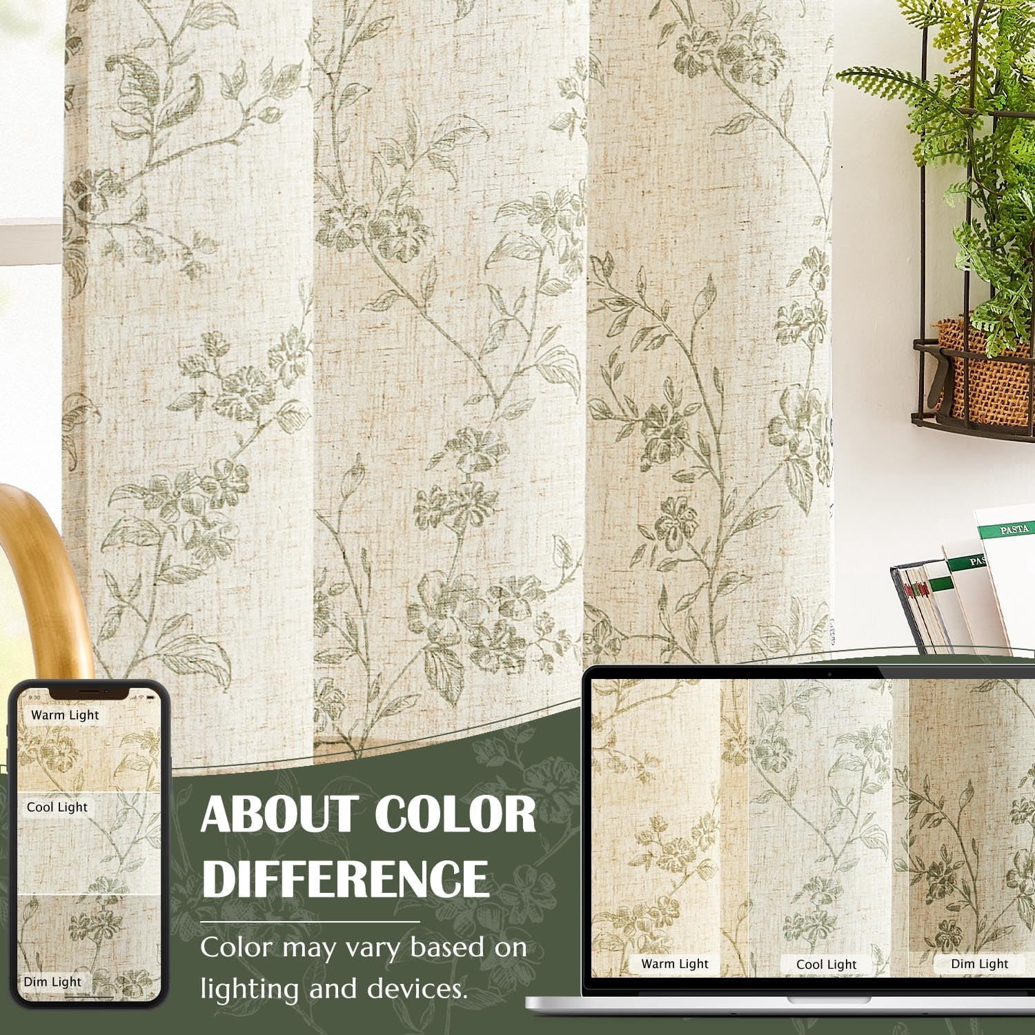 Floral Kitchen Curtains 36 Inch Linen Tier Curtains Farmhouse Cafe Half Window Drapes Over Sink Light Filtering for Living Room Laundry RV Rod Pocket 2 Panels Sage Green on Beige