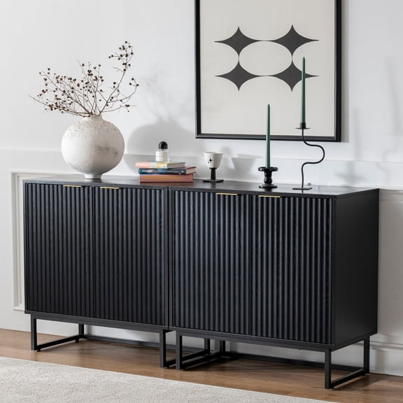 Modern Fluted Credenza Cabinet with Adjustable Interior Shelves, Elegant Wave Pattern Sideboard Storage Unit for Living Room Dining Space, Black