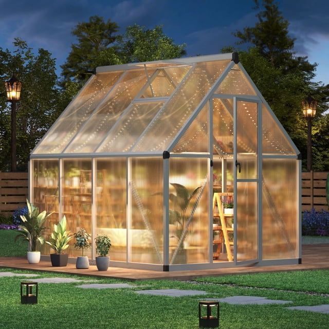 Yiwa Serre en Polycarbonate 6x7FT, Petite Maison Extérieure Robuste avec Cadre en Aluminium Renforcé, Porte Verrouillable, Évent de Toit Réglable et Espace de Culture Spacieux