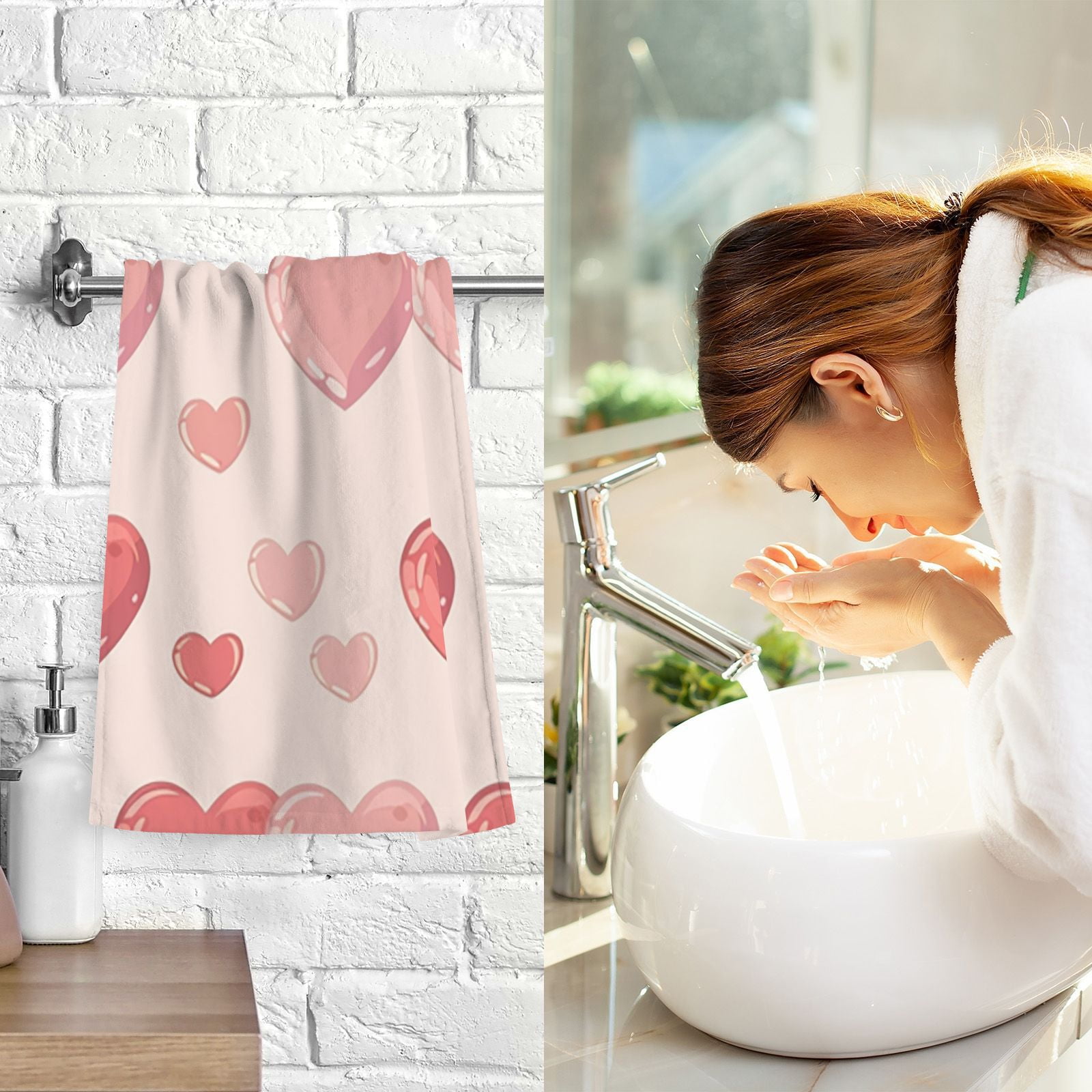 Red and Pink Hearts Hand Towels Cotton Bath Towels Large Face Towels Absorbent for Bathroom 2 Packs