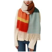 safuny Ladies Long Hand Striped Color Tassel Colorblock Scarves Blanket Warm Neck Soft Fashion Winter Scarf Orange