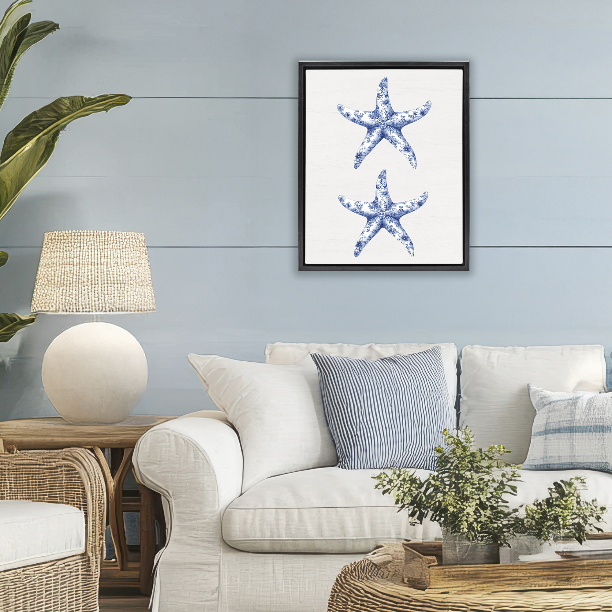 Vintage Toile Starfish Black Framed Floater Canvas Wall Art, design by Lettered and Lined