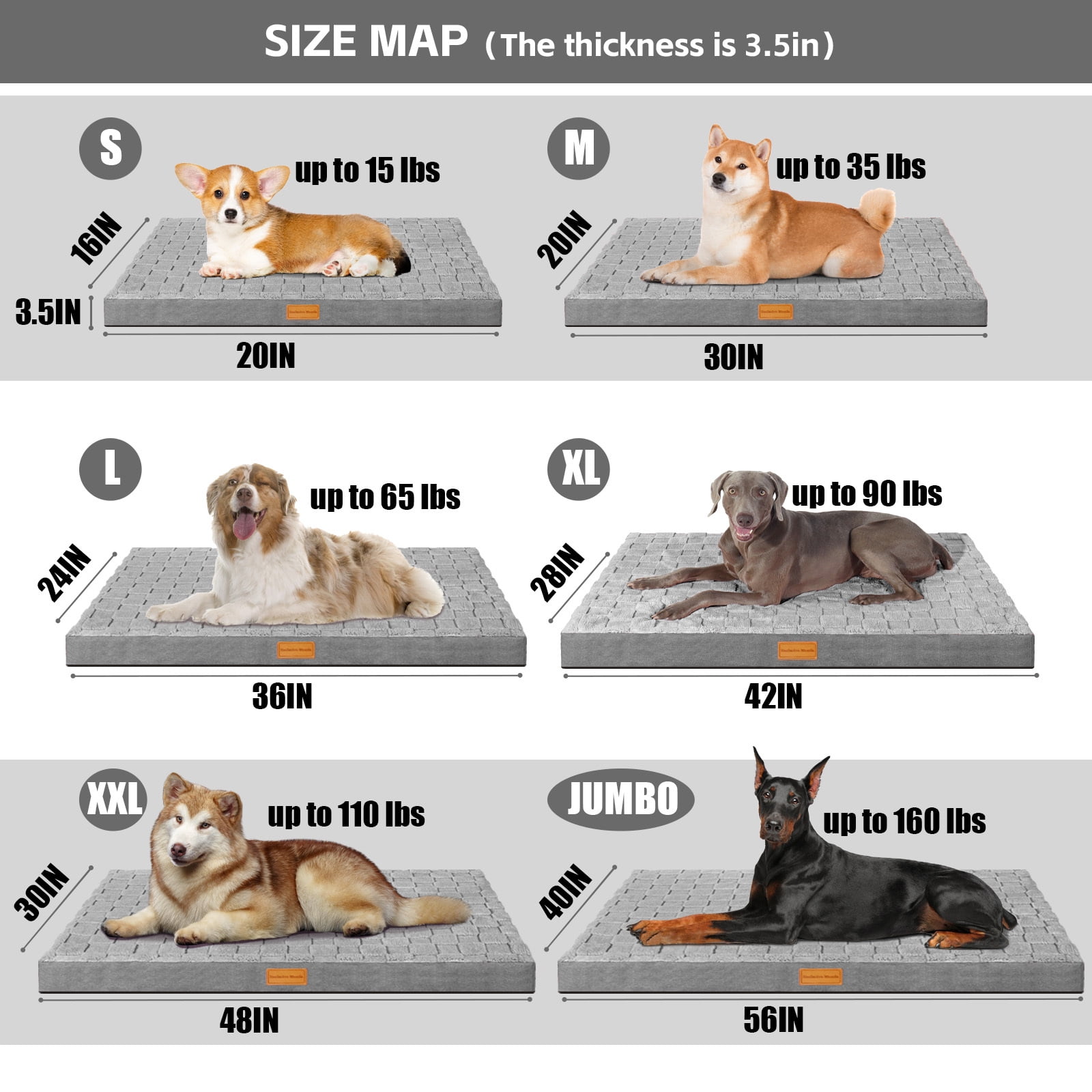 Exclusivo Mezcla Checkered Orthopedic Pet Bed for Extra Large Dogs 48"X30", Waterproof Removable Washable Cover, Gray
