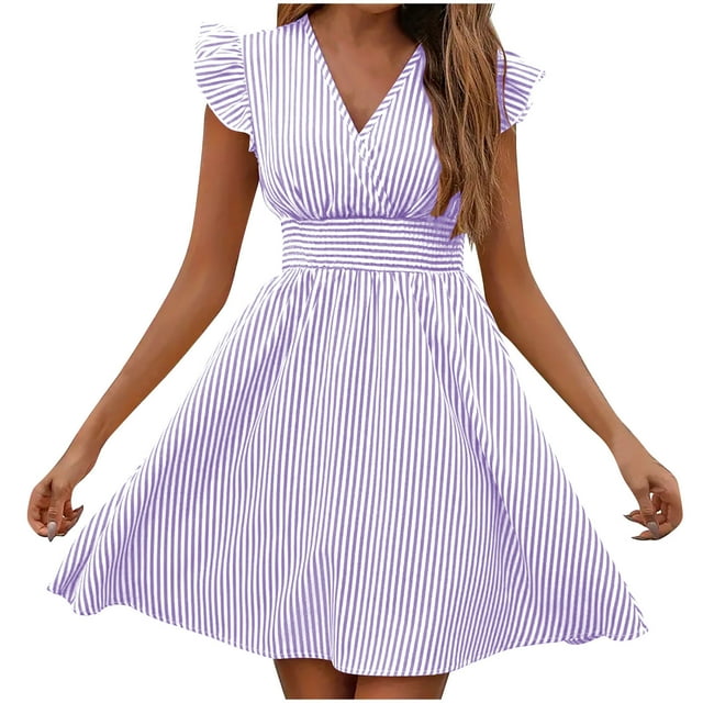 Vestido de Verano para las Mujeres Casual Rayas Manga Corta Cuello en V, Vestido de Poliéster de Moda para la Playa Y Diario